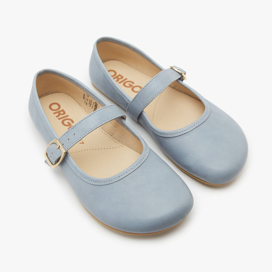 Pair of light blue shoes with gold buckles on a white background