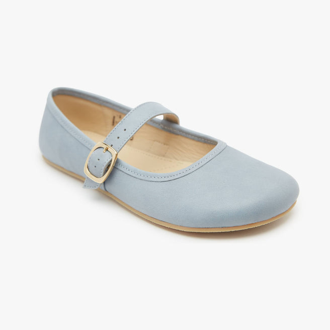 Light blue suede Women's Classic Mary Jane flat by Origo with single strap and gold buckle, angled three-quarter view.