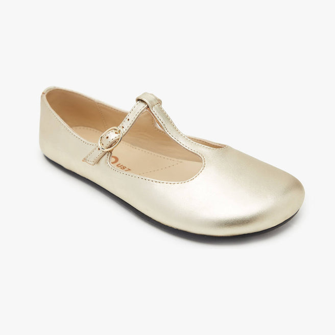 Metallic gold leather Women's T-Strap flat by Origo with buckle, angled three-quarter view.