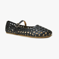 Black woven leather Women's Woven Ballerina by Anya with strap and buckle, angled three-quarter view.