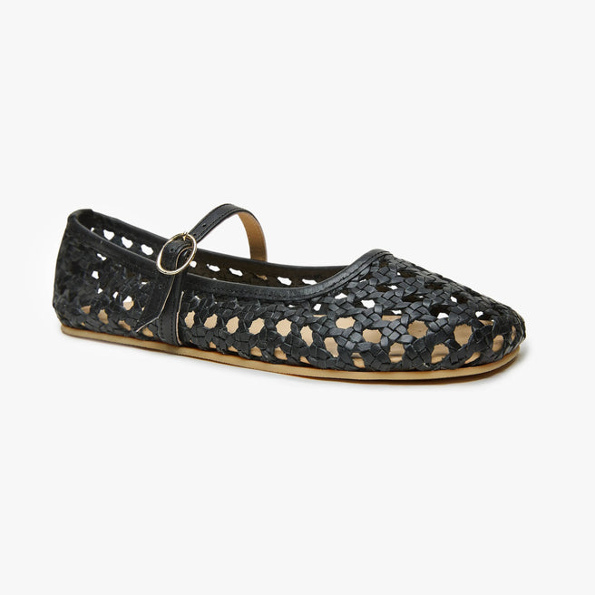 Black woven leather Women's Woven Ballerina by Anya with strap and buckle, angled three-quarter view.