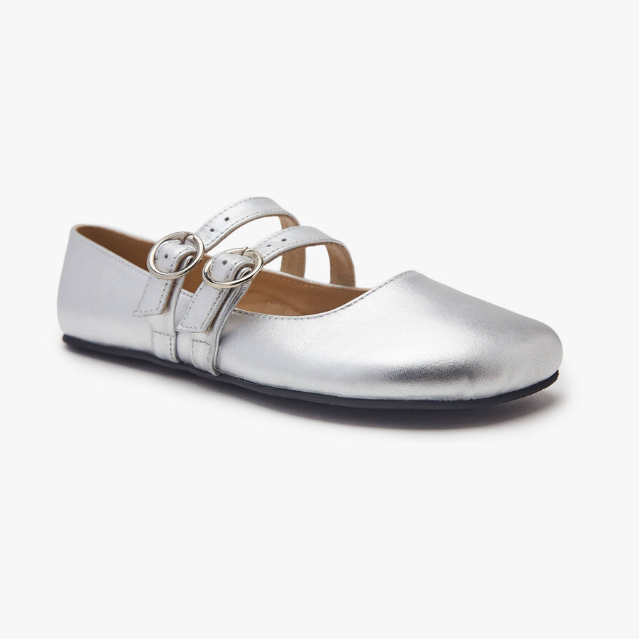 Metallic silver leather Women's Double Strap Mary Jane flat by Origo with two straps and buckles, angled three-quarter view.