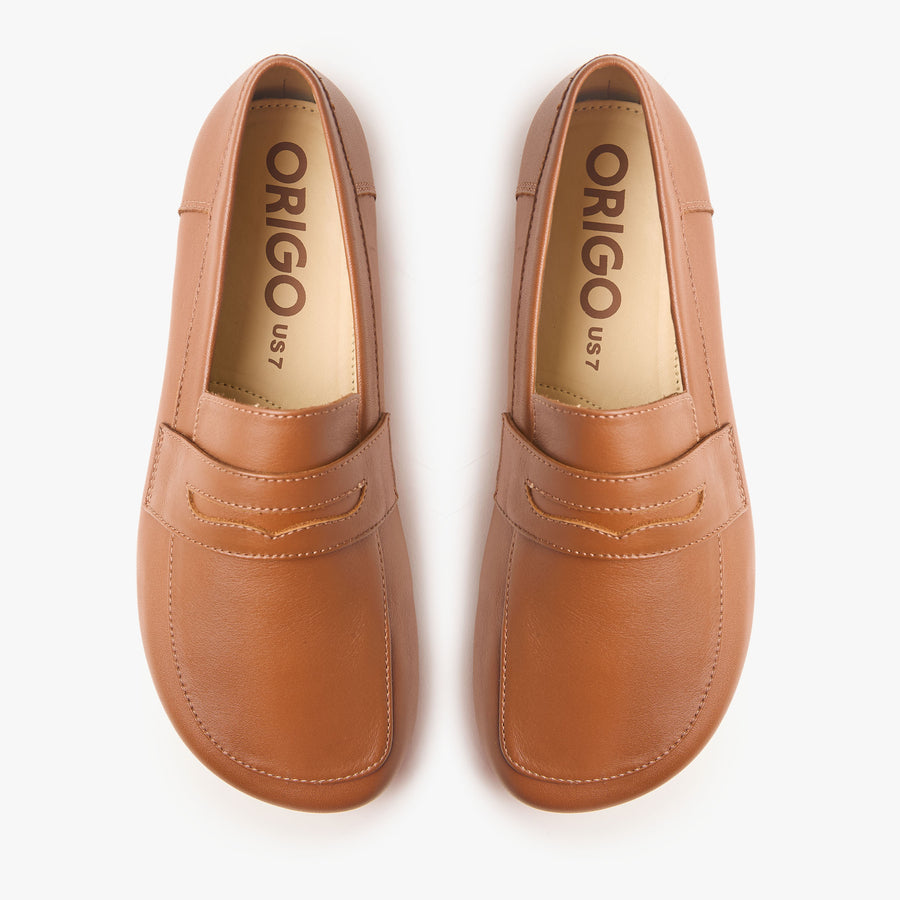 Origo Women's Penny Loafer, Light Brown - top-down view of the pair